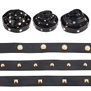 3 Styles Brass Round & Square & Imitation Pearl Stud Black PU Leather Trimmings, Golden, 1.95~2x0.1~0.7mm, about 2.74m/style(DIY-AR0003-78)