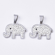 201 Stainless Steel Pendants, with Random Size Snap On Bails and Polymer Clay Rhinestones, Elephant, Stainless Steel Color, 20x26x2.5mm, Hole: 8~10x3~5mm(X-STAS-N089-16P)
