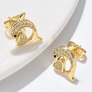 Micro Pave Cubic Zirconia Stud Earrings, Long-Lasting Plated, Real 18K Gold Plated, Dolphin, 12.5x13.5mm(EJEW-D305-05G)