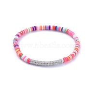 Handmade Polymer Clay Heishi Bead Stretch Bracelets, with Brass Micro Pave Clear Cubic Zirconia Tube Beads, Colorful, 2-1/4 inch(5.8cm)(BJEW-JB05096)