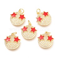 Brass Micro Pave Clear Cubic Zirconia Pendants, Long-Lasting Plated, with Jump Rings & Enamel, Real 18K Gold Plated, Flat Round with Star Eye, Red, 16.5x15.5x2.5mm, Hole: 3mm(ZIRC-B0004-17G)