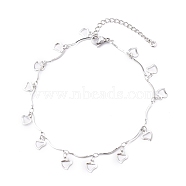 304 Stainless Steel Heart Charm Anklets, with Bar Link Chains, Stainless Steel Color, 9-5/8 inch(24.3cm)(AJEW-AN00394-03)