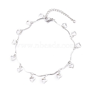 Tarnish Resistant 304 Stainless Steel Heart Charm Anklets, with Bar Link Chains, Stainless Steel Color, 9-5/8 inch(24.3cm)(AJEW-AN00394-03)