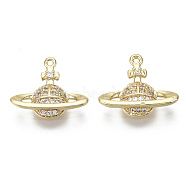 Brass Micro Pave Clear Cubic Zirconia Charms, Nickel Free, Planet, Real 18K Gold Plated, 12.5x15x3mm, Hole: 0.8mm(X-KK-S348-554-NF)