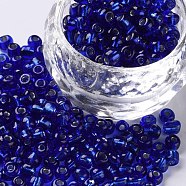 6/0 Glass Seed Beads, Silver Lined Round Hole, Round, Blue, 4mm, Hole: 1.5mm, about 6639 pcs/pound(SEED-A005-4mm-28)