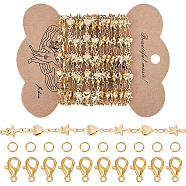 CHGCRAFT 2.5M Brass Link Chains, with 20Pcs Brass Jump Rings and 15Pcs Alloy Lobster Claw Clasps, for DIY Necklaces Making Kits, Heart & Star, Golden, 3.5x3x0.5mm, Star: 10.5x6x2mm, Heart: 10x5.5x2mm(DIY-CA0002-14)