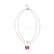 Glass Butterfly & Natural Pearl Pendants Double Layer Necklace with Clear Cubic Zirconia, Golden Brass Jewelry for Women, Red, 16.34 inch(41.5cm)(NJEW-TA00043-03)