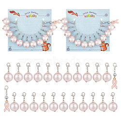 Awareness Ribbon & Round Pendant Stitch Markers, ABS Plastic Imitation Pearl & Alloy Enamel Crochet Lobster Clasp Charms, Locking Stitch Marker with Wine Glass Charm Ring, Pink, 3.3~4.5cm, 12pcs/set, 2 sets/box(HJEW-AB00333)