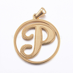 Ion Plating(IP) 304 Stainless Steel Pendants, Flat Round with Letter, Golden, Letter.P, 28x25x1.2mm, Hole: 6x3.5mm(STAS-K162-069G)