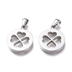 304 Stainless Steel Pendants, Manual Polishing, Flat Round with Clover, Stainless Steel Color, 21.5x18x3mm, Hole: 6x2.5mm(STAS-Z006-02P)