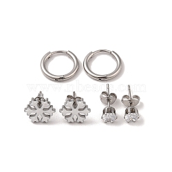 3 Pairs 3 Styles Christmas 304 Stainless Steel Hoop & Studs Earrings Set for Women, with Enamel & Cubic Zirconia, Stainless Steel Color, Snowflake, 6~10x6~11mm, 1 pair/style(EJEW-K279-12E-P)
