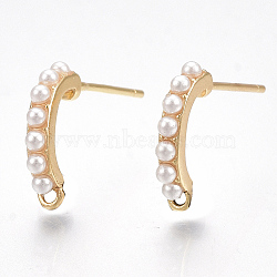 Brass Stud Earring Findings, with Loop, ABS Plastic Imitation Pearl, Nickel Free, Real 18K Gold Plated, 17~18x13~14mm, Hole: 1mm, Pin: 0.8mm(KK-T038-485G)