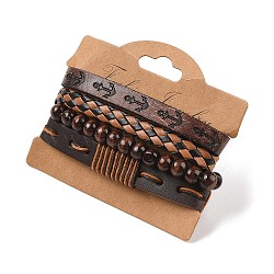 4Pcs 4 Styles PU Imitation Leather Braided Bracelets Sets, Wood Beaded Bracelets for Men, Anchor & Helm, Inner Diameter: 2-1/8~3-5/8 inch(5.3~9.3cm)(BJEW-P335-01D)