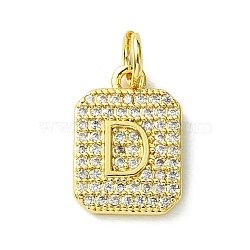 Rack Plating Brass Micro Pave Clear Cubic Zirconia Charms, Long-Lasting Plated, Lead Free & Cadmium Free, Rectangle with Letter Pattern, with Jump Ring, Real 18K Gold Plated, Letter D, 14x9.5x2mm, Hole: 3mm(KK-G501-01D-G)