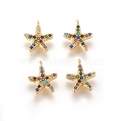 Golden Tone Brass Micro Pave Cubic Zirconia Charms, Starfish/Sea Stars, Colorful, 10x9x2mm, Hole: 0.8mm(ZIRC-L075-10A-G)