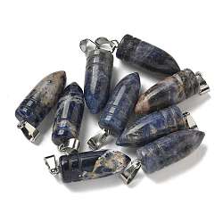 Natural Sodalite Pointed Pendants, Bullet Shaped Charms with 201 Stainless Steel Snap on Bails, Stainless Steel Color, 29.5x10mm, Hole: 4x7mm(G-B127-18P-10)