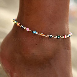 Christmas Brass Evil Eye Enamel Link Chain Anklets for Women, Golden, Colorful, 8-1/4 inch(210mm)(WGC2D50-02)