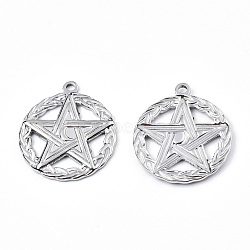 304 Stainless Steel Pendants, Flat Round with Star, Stainless Steel Color, 28.5x25x2mm, Hole: 2mm(STAS-N098-076P)