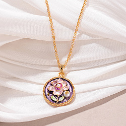 Alloy Enamel with Natural Pearl Pendant Brass Chain Necklaces, Golden, Medium Orchid, 16.54 inch(42cm), pendant: 27x19mm(FS-WGD59E5-08)