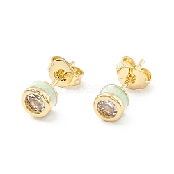 Column Cubic Zirconia Stud Earrings with Enamel, Real 18K Gold Plated Brass Earrings for Women, Cadmium Free & Nickel Free & Lead Free, Honeydew, 14.5x5mm, Pin: 0.6mm(EJEW-P196-02G-02)
