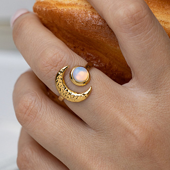 304 Stainless Steel Textured Moon Cuff Rings, with Half Round Opalite, Ion Plating(IP), Real 18K Gold Plated, US Size 7 1/4(17.5mm)
