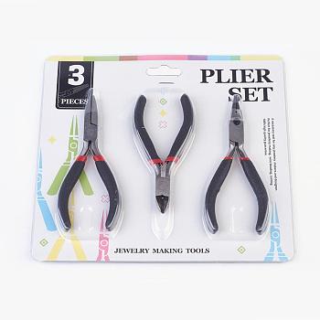 DIY Jewelry Tool Sets, Polishing Round Nose Pliers, Flat Nose Pliers and Side Cutting Pliers, Black, Gunmetal, 110~125x60~70mm, 3pcs/set