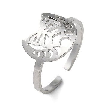 304 Stainless Steel Open Cuff Ring, Hollow Butterfly & Moon Phase, Stainless Steel Color, US Size 8 1/4(18.3mm).