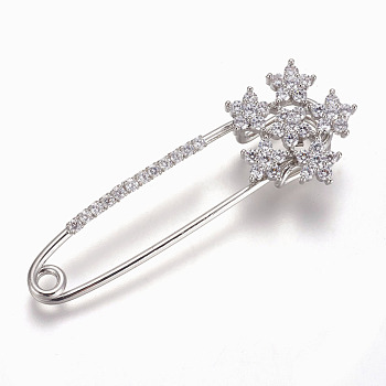 Brass Micro Pave Cubic Zirconia Safety Brooch, Flower, Clear, Platinum, 58x20mm, Pin: 1.5mm