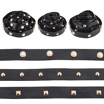 3 Styles Brass Round & Square & Imitation Pearl Stud Black PU Leather Trimmings, Golden, 1.95~2x0.1~0.7mm, about 2.74m/style