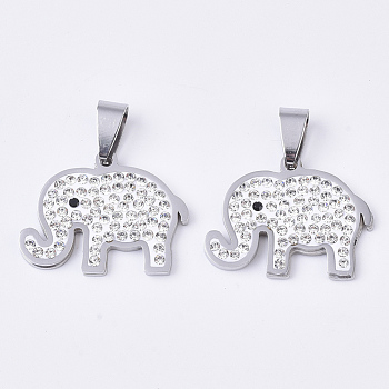 201 Stainless Steel Pendants, with Random Size Snap On Bails and Polymer Clay Rhinestones, Elephant, Stainless Steel Color, 20x26x2.5mm, Hole: 8~10x3~5mm