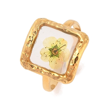 Square Ion Plating(IP) 304 Stainless Steel Open Cuff Rings for Women, with Epoxy Resin & Dried Flower inside, Golden, 15.5mm, Adjustable