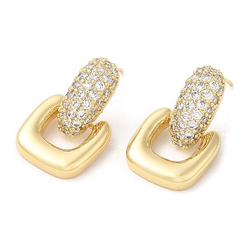 Clear Cubic Zirconia Square Dangle Stud Earrings, Brass Earrings for Women, Golden, 23mm