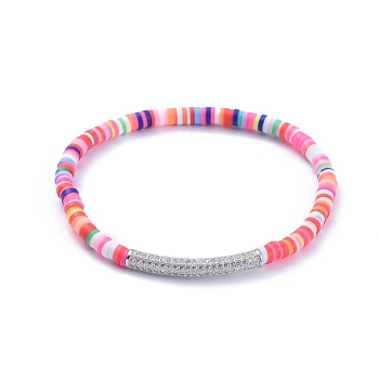 Handmade Polymer Clay Heishi Bead Stretch Bracelets, with Brass Micro Pave Clear Cubic Zirconia Tube Beads, Colorful, 2-1/4 inch(5.8cm)