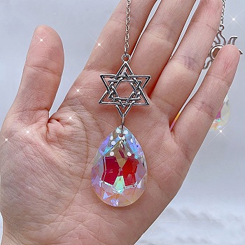 Acrylic Teardrop Pendant Decorations, Hanging Suncatchers, with Metal Link, for Home Garden Decorations, Star of David, Pendant: 300mm