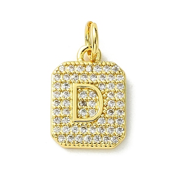 Rack Plating Brass Micro Pave Clear Cubic Zirconia Charms, Long-Lasting Plated, Lead Free & Cadmium Free, Rectangle with Letter Pattern, with Jump Ring, Real 18K Gold Plated, Letter D, 14x9.5x2mm, Hole: 3mm