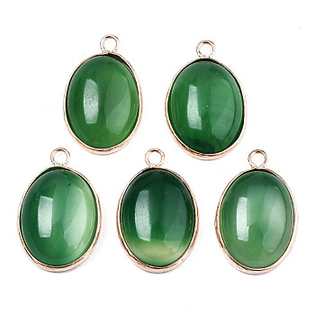 Natural Green Oynx Agate Pendants, with Golden Brass Edge, Dyed, Oval, 25x16x7mm, Hole: 2mm