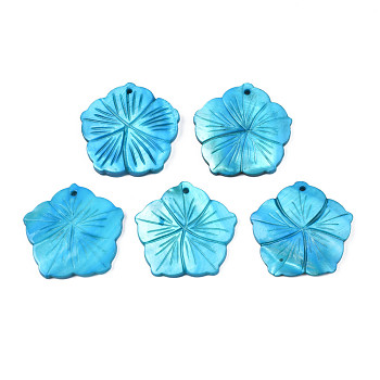 Natural Freshwater Shell Pendants, Dyed, Flower, Deep Sky Blue, 37~38x38~39x4~5.5mm, Hole: 2mm
