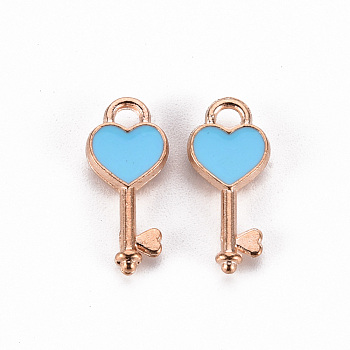 Alloy Pendants, Cadmium Free & Lead Free, with Enamel, Heart Key, Light Gold, Pale Turquoise, 16x7x2mm, Hole: 1.5mm