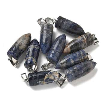 Natural Sodalite Pointed Pendants, Bullet Shaped Charms with 201 Stainless Steel Snap on Bails, Stainless Steel Color, 29.5x10mm, Hole: 4x7mm