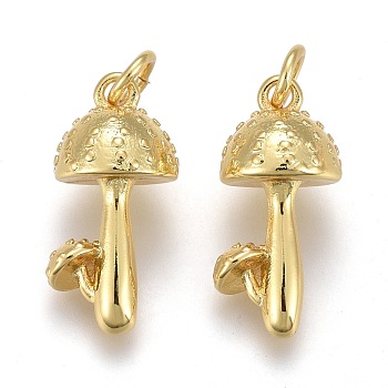 Brass Pendants, Long-Lasting Plated, with Jump Rings, Mushroom, Golden, 16.5x8x8mm, Hole: 4.5x0.8mm