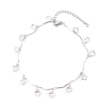 304 Stainless Steel Heart Charm Anklets, with Bar Link Chains, Stainless Steel Color, 9-5/8 inch(24.3cm)