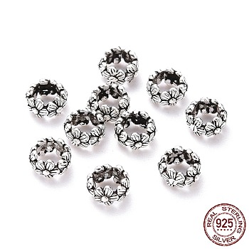 925 Sterling Silver Spacer Beads, Ring with Flower, Antique Silver, 6x3mm, Hole: 3.3mm