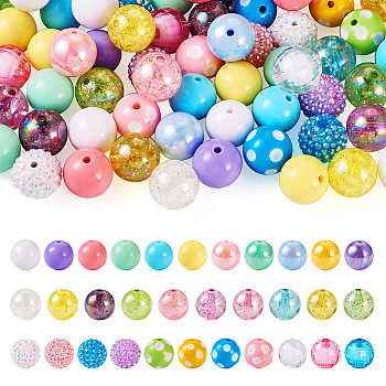 82Pcs 32 Style Mixed Style Acrylic Beads, with Resin Rhinestone Beads, Round, Mixed Color, 19~20x19mm, Hole: 2~3mm, 82pcs/bag