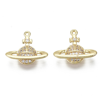 Brass Micro Pave Clear Cubic Zirconia Charms, Nickel Free, Planet, Real 18K Gold Plated, 12.5x15x3mm, Hole: 0.8mm