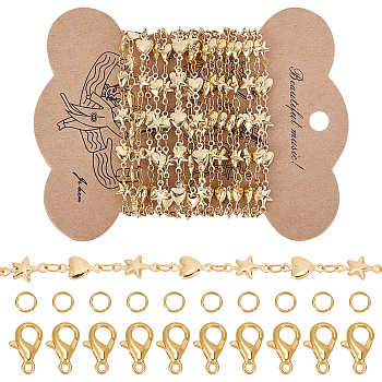 CHGCRAFT 2.5M Brass Link Chains, with 20Pcs Brass Jump Rings and 15Pcs Alloy Lobster Claw Clasps, for DIY Necklaces Making Kits, Heart & Star, Golden, 3.5x3x0.5mm, Star: 10.5x6x2mm, Heart: 10x5.5x2mm
