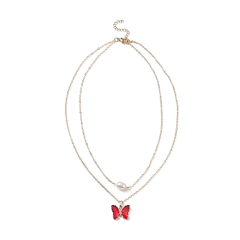 Glass Butterfly & Natural Pearl Pendants Double Layer Necklace with Clear Cubic Zirconia, Golden Brass Jewelry for Women, Red, 16.34 inch(41.5cm)