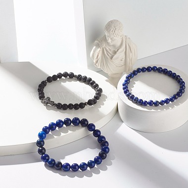 Natural Lapis Lazuli(Dyed) & Lava Rock Round Beads Stretch Bracelets Set(BJEW-JB06982-03)-6