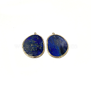 Natural Lapis Lazuli Pendants, with Brass Findings, Golden, 33.5~34x27x2mm, Hole: 1.5mm(G-E526-09A)