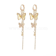 Glass Butterfly Dangle Hoop Earrings with Clear Cubic Zirconia, Golden Brass Long Tassel Earrings for Woman, Champagne Yellow, 95mm, Pin: 1mm(EJEW-TA00153-03)