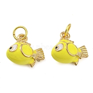 Fish Rack Plating Brass Enamel Charms, with Jump Ring, Long-Lasting Plated, Cadmium Free & Lead Free, Real 18K Gold Plated, Yellow, 12x13x7mm, Hole: 3.8mm(KK-Q804-10G)